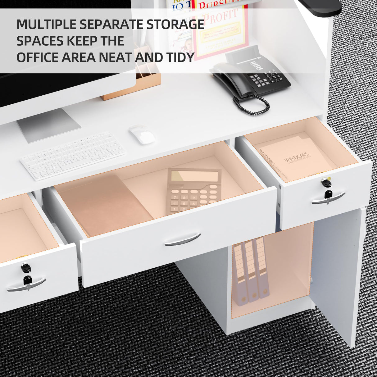 OUTGUAVA Modern Front Desk & Reception Desk with LED Lighting, 50-inch Retail Counter with Power Socket, DIY Stripe for Checkout, Lobby, Salon, Offices - White OUTGUAVA