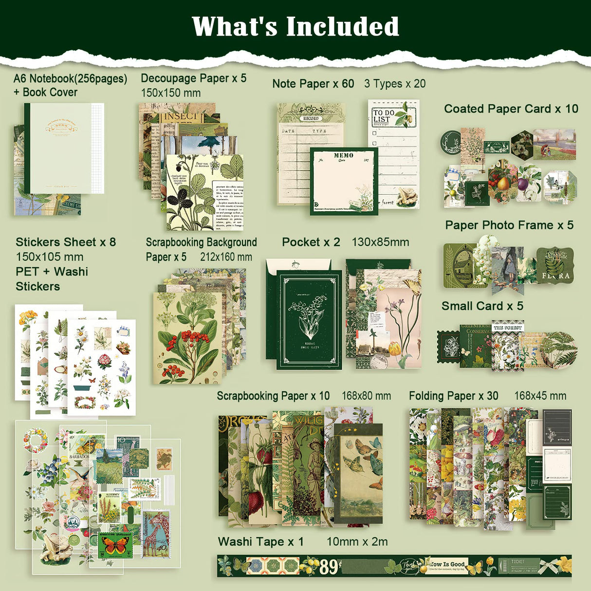 Scrapbooking Supplies Kit, Vintage Aesthetic Scrapbook Kit, Junk Journal Supplies with Scrapbooking Paper A6 Grid Notebook, Journaling Supplies, Birthday Craft Gift for Adult Teen Girl Kid, Botanical OFFIGIFT