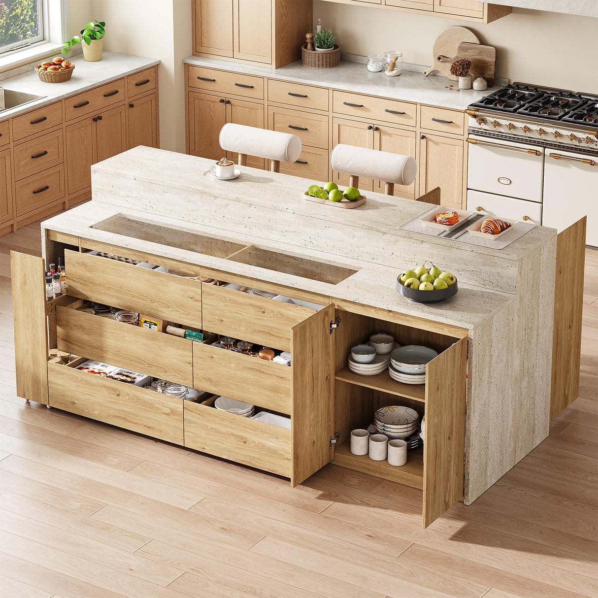 90.6"W Stationary Kitchen Island with Double-layer Countertop, Kitchen Island Storage Cabinet with Adjustable Shelves & 6 Drawers, Island table with Pull Out Spice Rack for kitchen , Dining Room UKAOCAI