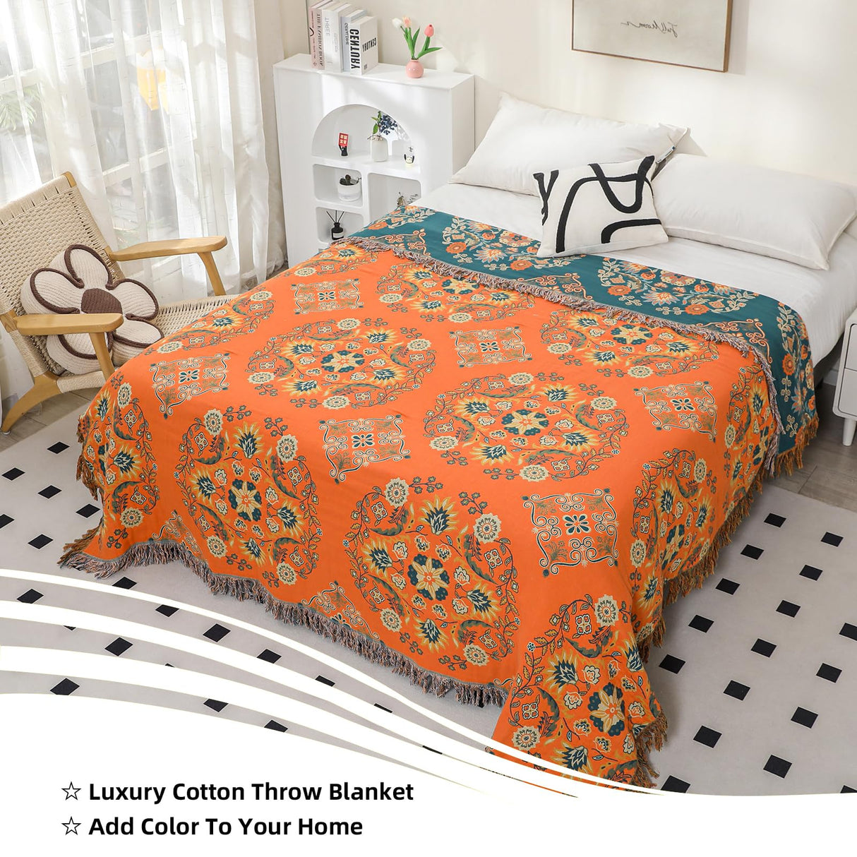 VANJOROY Boho Large Throw Blanket, 100% Cotton Breathable Soft Bed Throw - Floral Farmhouse Decor Blanket for Sofa Couch Chair and Gift. 60" x 80"- Orange VANJOROY