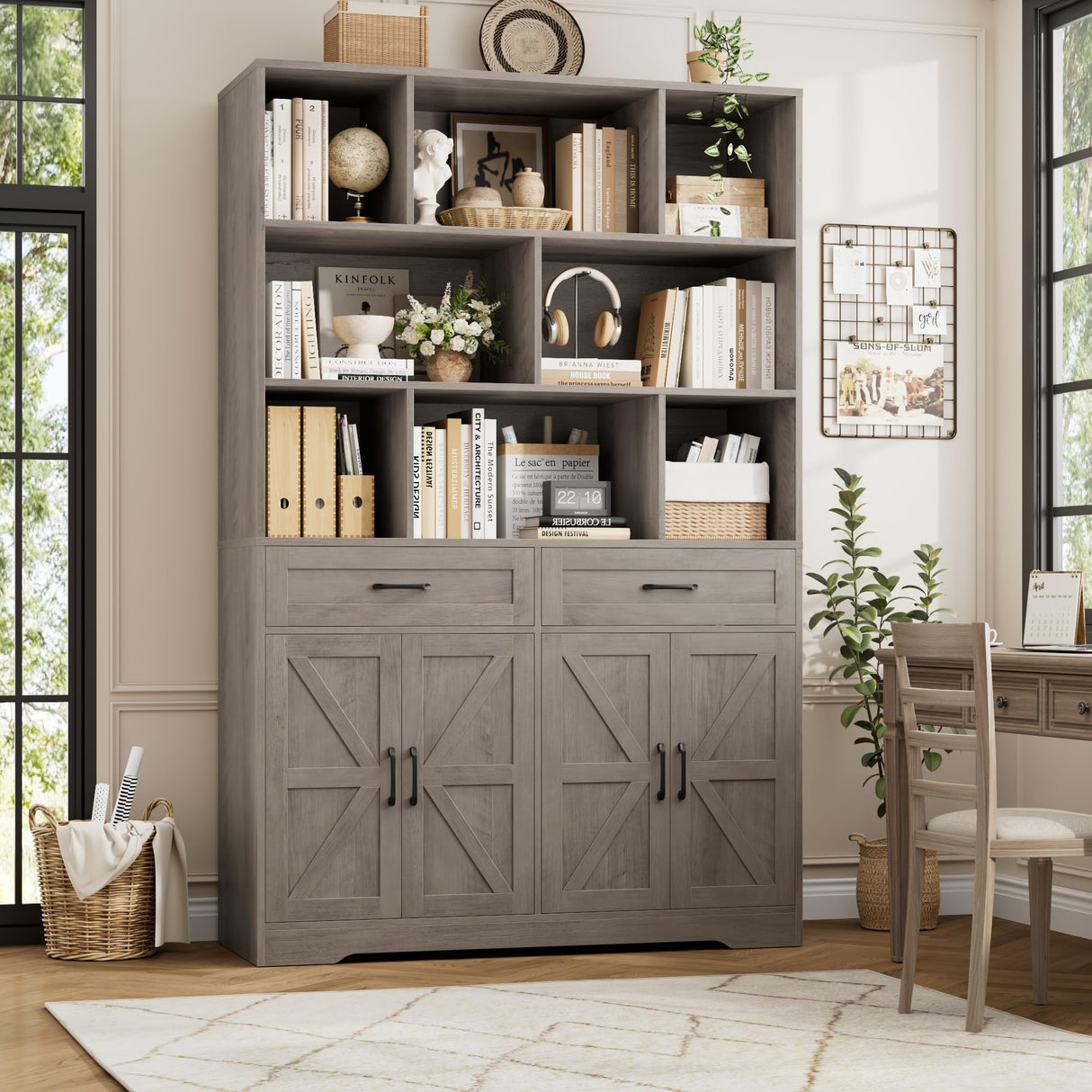 HOSTACK 71" Tall Bookcase with Drawers and Doors, 47" Wide Book Shelf and Bookcase with Storage, 6 Tier Large Book Storage Cabinet with Display Shelves for Living Room, Home Office, Ash Grey HOSTACK