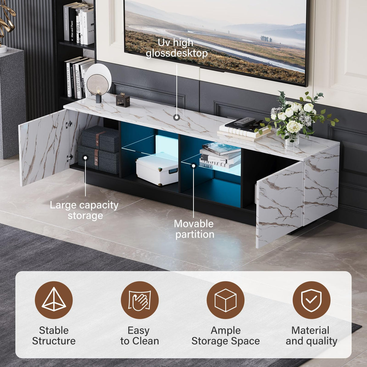 Svimi Modern Coffee Table & 65" TV Stand Set of 2, LED Entertainment Center with Power Outlets/Hidden Storage (White Coffee Table + White TV Stand) Svimi