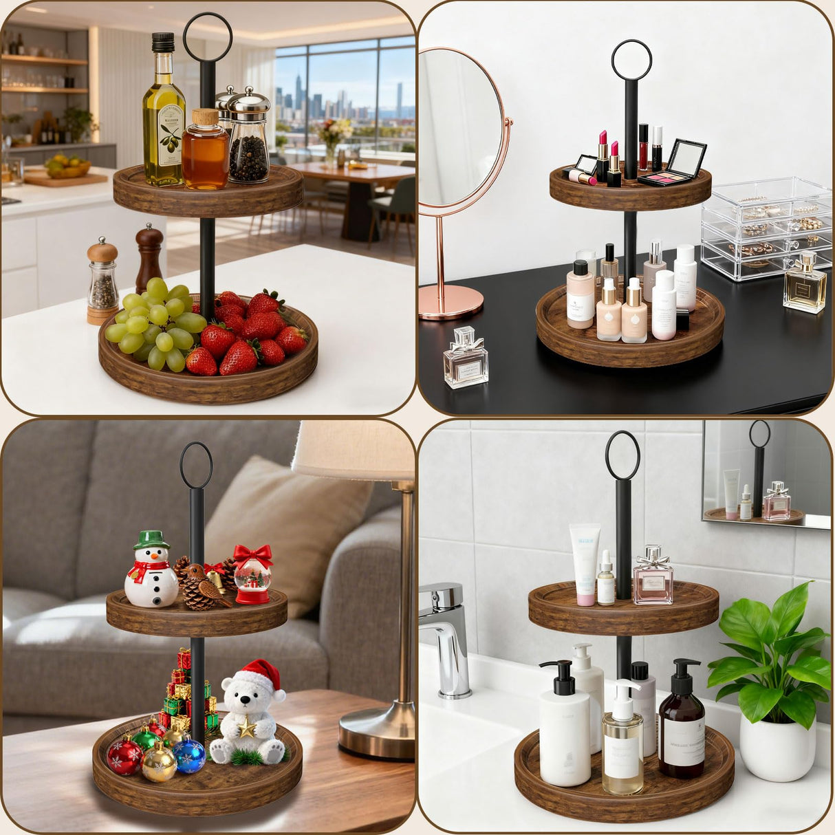 Tiered Tray Stand, Rustic Wooden Two Tier Decorative Tray with Metal Handle, Farmhouse 2 Tier Serving Tray, Round Cake Cupcake Stand for Coffee Bar Home Party Christmas Tiered Tray Decor(1-Pack) BIGNEWWANG