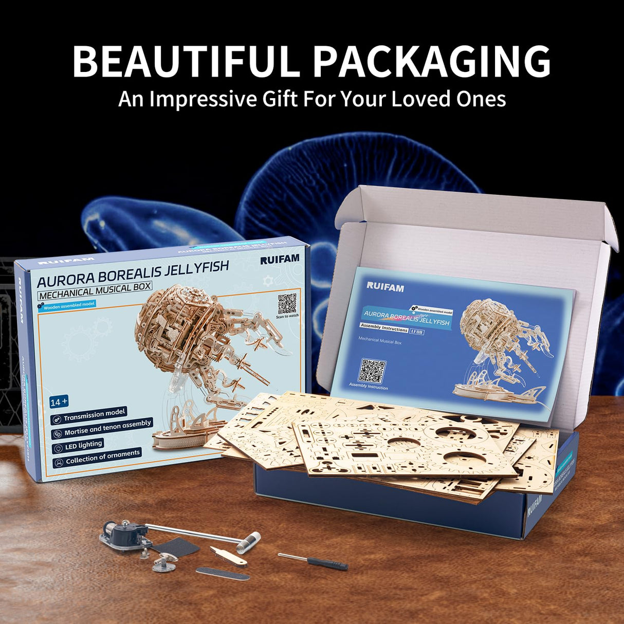 3D Wooden Puzzles for Adults, 3D Puzzle Model Aurora Jellyfish Toys Building Kits, DIY Wood Crafts Cool Toy Hobbies for Men Women, Creative Assembly Gifts RUIFAM