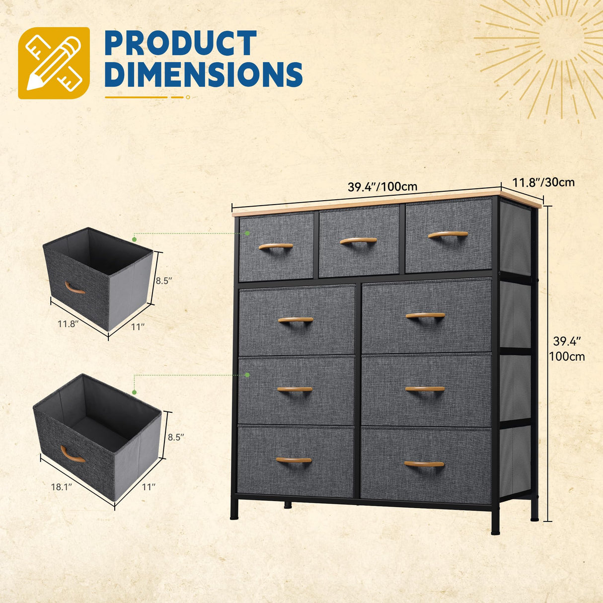 DWVO Dresser with 9 Drawers, Fabric Storage Dresser, Chest of Drawers, Storage Tower Organizer Unit for Living Room, Closets(Dark Grey) DWVO