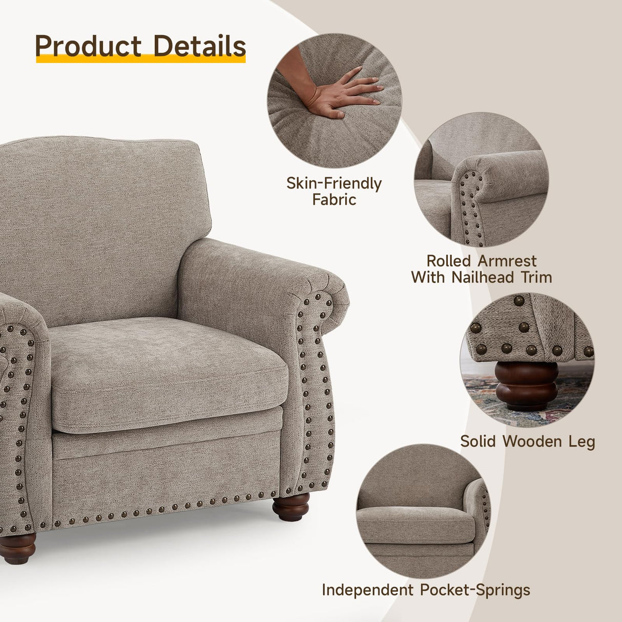 ONBRILL Nailhead Trim Armchair, Rolled Arm Accent Chair for Living Room, Comfy Chenille Club Sofa Chair w/Springs Cushions & Wood Legs, Traditional Single Couch Chair for Apartment, Farmhouse, Beige ONBRILL