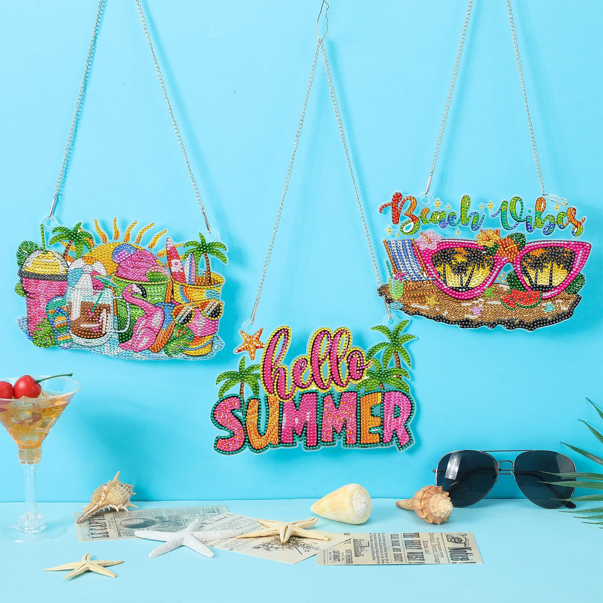 Burbell 3 Pcs Diamond Summer Beach Painting Kits Sunglasses Smoothie Diamond Art Hanging Ornament Sign DIY Painting Art Kits for Summer Adult Window Door Wall Decorations Burbell