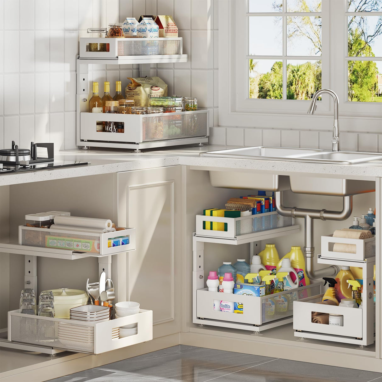 Corbyles 2 Pack Under Sink Organizer With Next-Gen Ball-Bearing Slides,2-Tier Pull Out Cabinet Storage,Height Adjustable Drawer Shelf for Bathroom,Kitchen,Laundry,Cabinet,Pantry(Patent Pending) Corbyles
