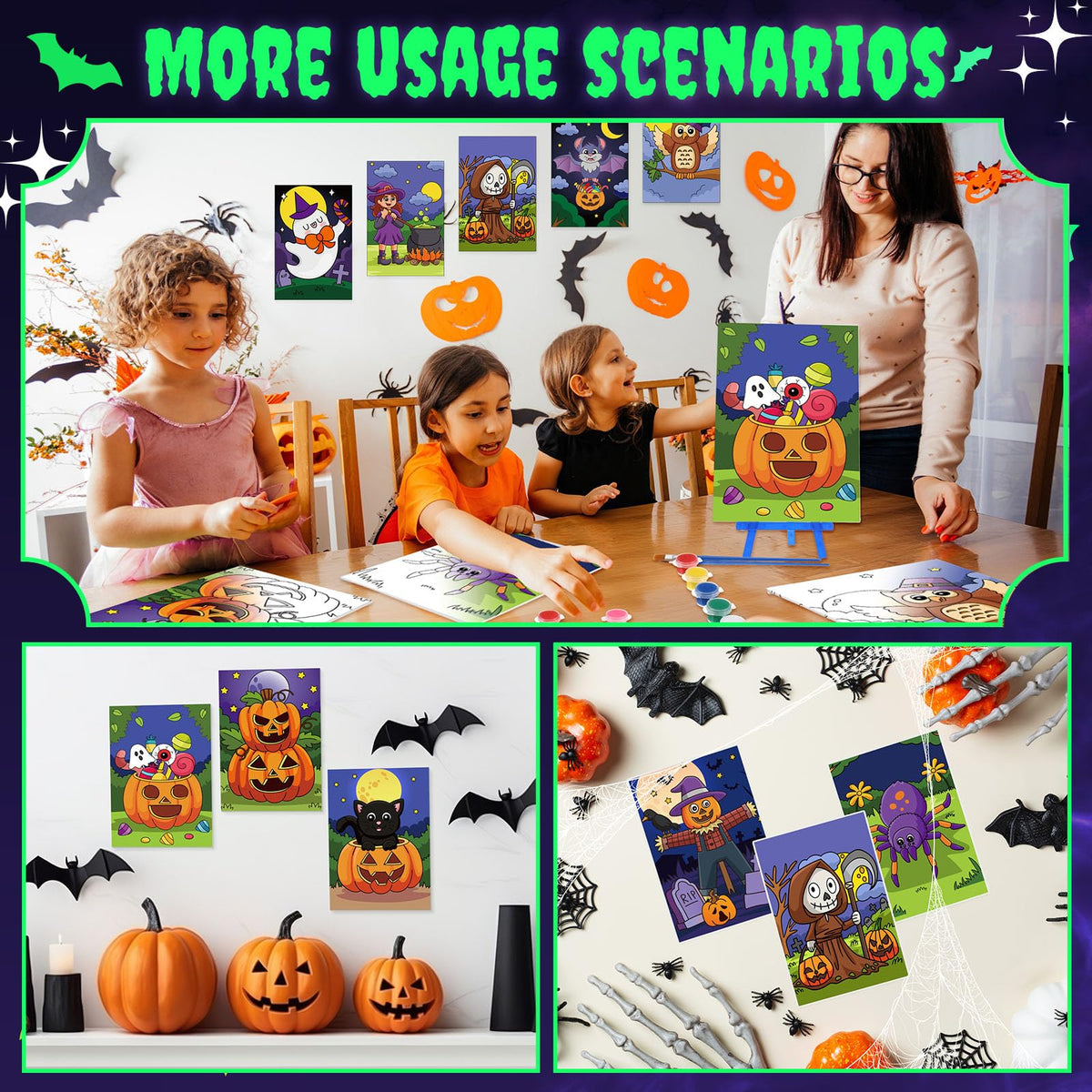Blosssound 10 Set Halloween Pre Printed Canvas Pre Drawn Canvas Painting with Easel Kits 5" x 7" Outline Painting Panels for Beginners, DIY Craft Project, Party Favor, Home Decors Blosssound