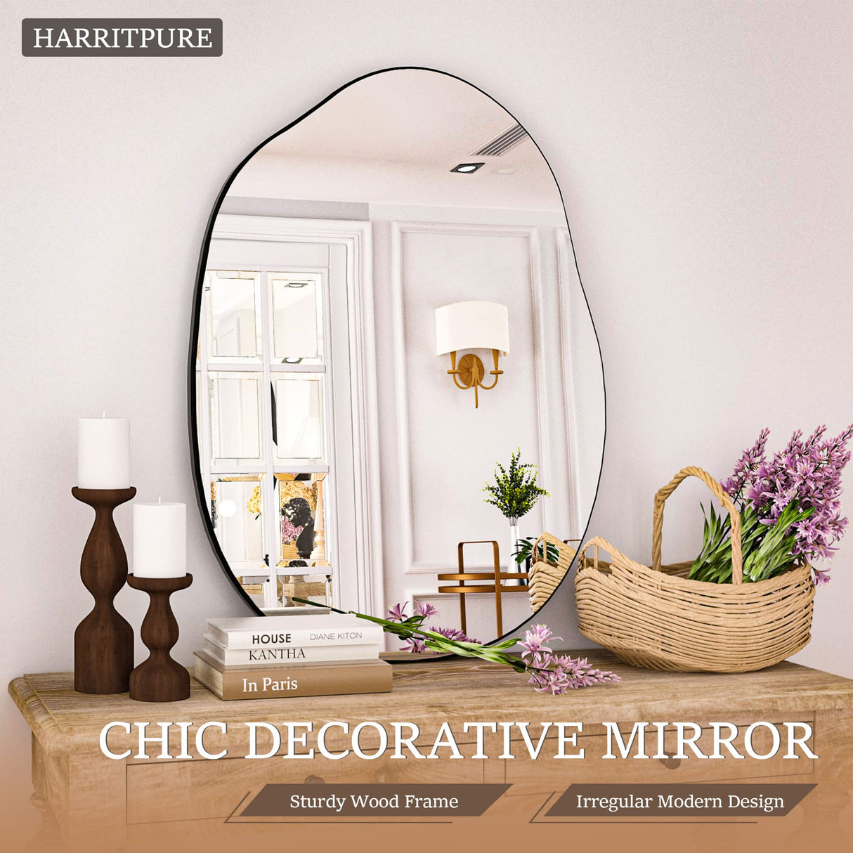 HARRITPURE Irregular Wall Mirror 26"x40" Black Asymmetrical Bathroom Mirror Wood Framed Modern Decorative Vanity Mirrors for Bedroom Living Room Entryway HARRITPURE