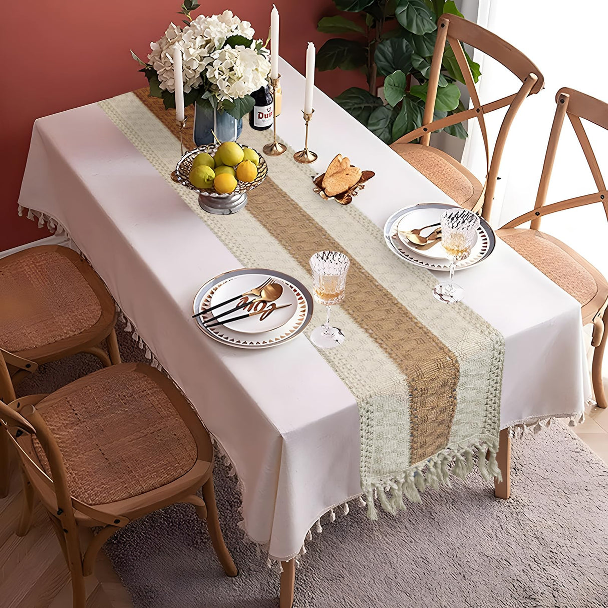 Vanzard Boho Table Runner for Thanksgiving Fall Christmas Home Decor with Tassels 72 Inches Long , Farmhouse Rustic Table Runners for Bohemian Kitchen Dining Table(12x72in) Vanzard