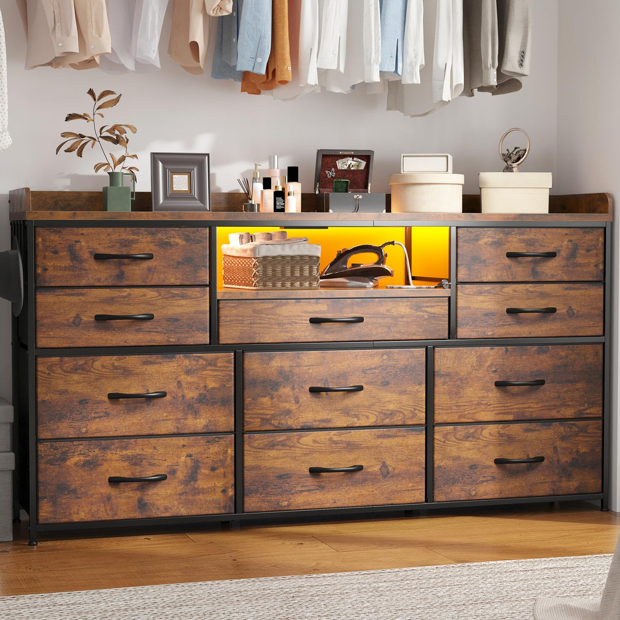 EnHomee Dresser for Bedroom with 11 Drawers for 60" TV Stand for Bedroom with LED Lights & Charging Station Long Dresser with Shelves & 4 Hooks Sturdy Metal Frame & Fabric Drawers (Rustic Brown) EnHomee