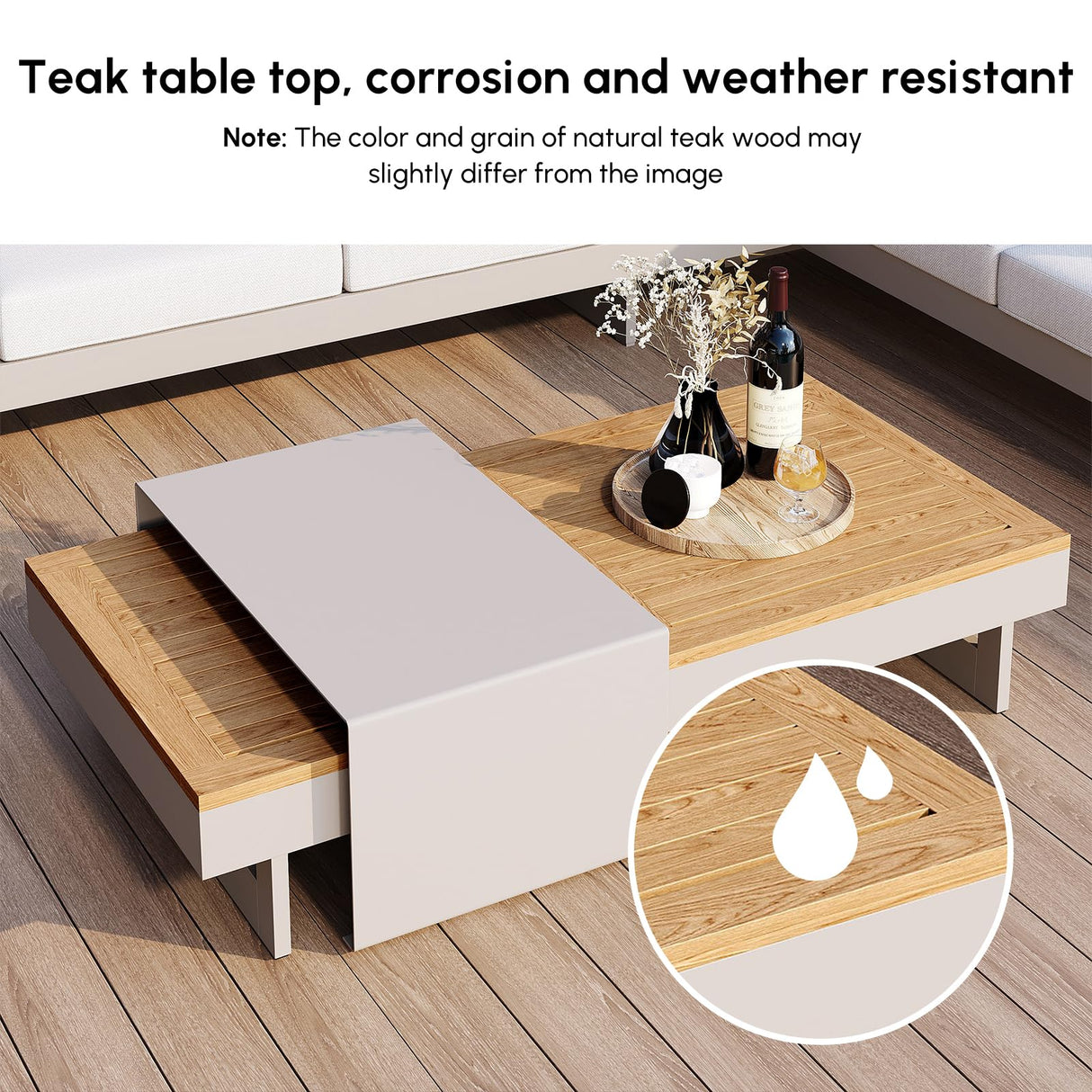 homary 6 Piece Aluminum & Teak Outdoor Sofa Set, Patio Conversation Sets Modular Outdoor Sofa with Fire Pit, Glass Wind Guard Ideal for Patios & Balconies, Light Gray homary