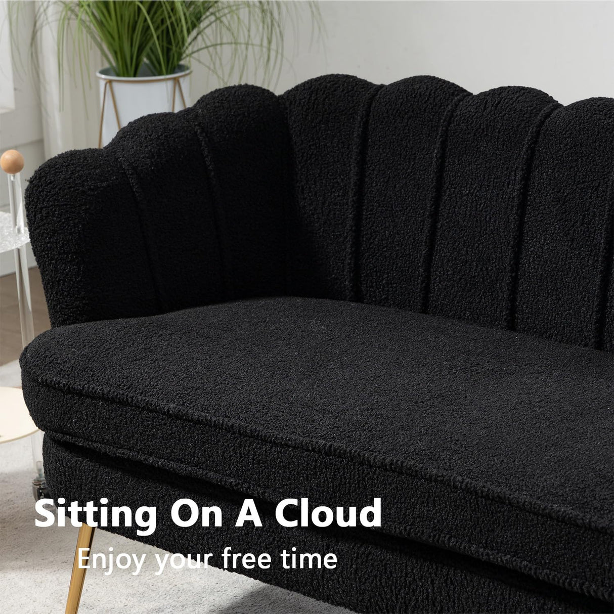 Anwick 59" Small Modern Chenille Loveseat Sofa, 2-Seater Sofa with Gold Metal Legs, Small Couch with Flower Shaped Back for Living Room Bedroom Office (Black) Anwick