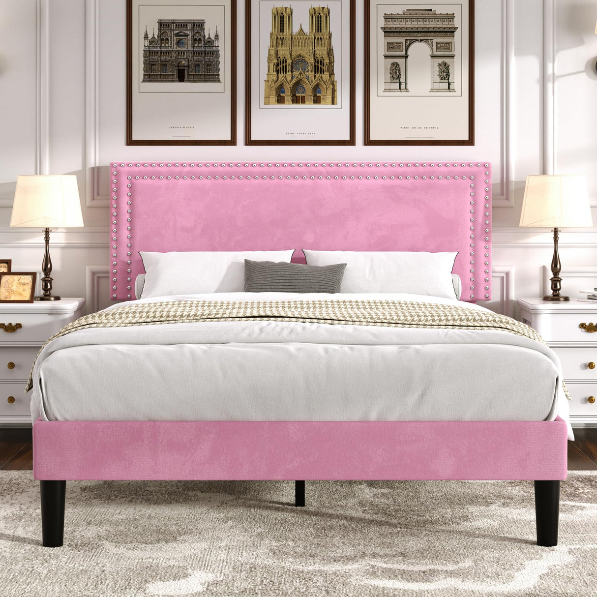 VECELO Queen Size Bed Frame with Adjustable Upholstered Headboard, Wooden Slats Platform, Noise-Free Design, Easy Assembly VECELO