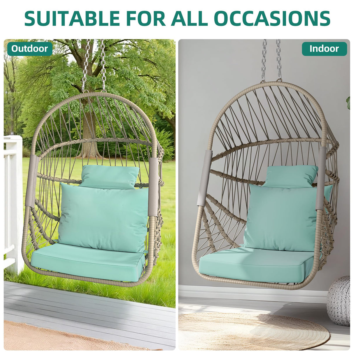 YITAHOME Hanging Egg Chair Without Stand, Rattan Wicker Swing Egg Chair with Resistant Cushion, 350lbs Capacity, Foldable Hanging Basket Chair for Porch, Garden, Bedroom, Balcony - Sky Blue YITAHOME