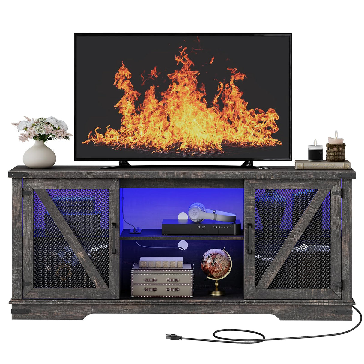 HOOBRO Farmhouse TV Stand, TV Stand for 75 Inch TV, Media Entertainment Center with LED Lights and Power Outlets, TV Console Table for Living Room, TV Stand with Storage, Dark Rustic Oak FP71UDDS01 HOOBRO