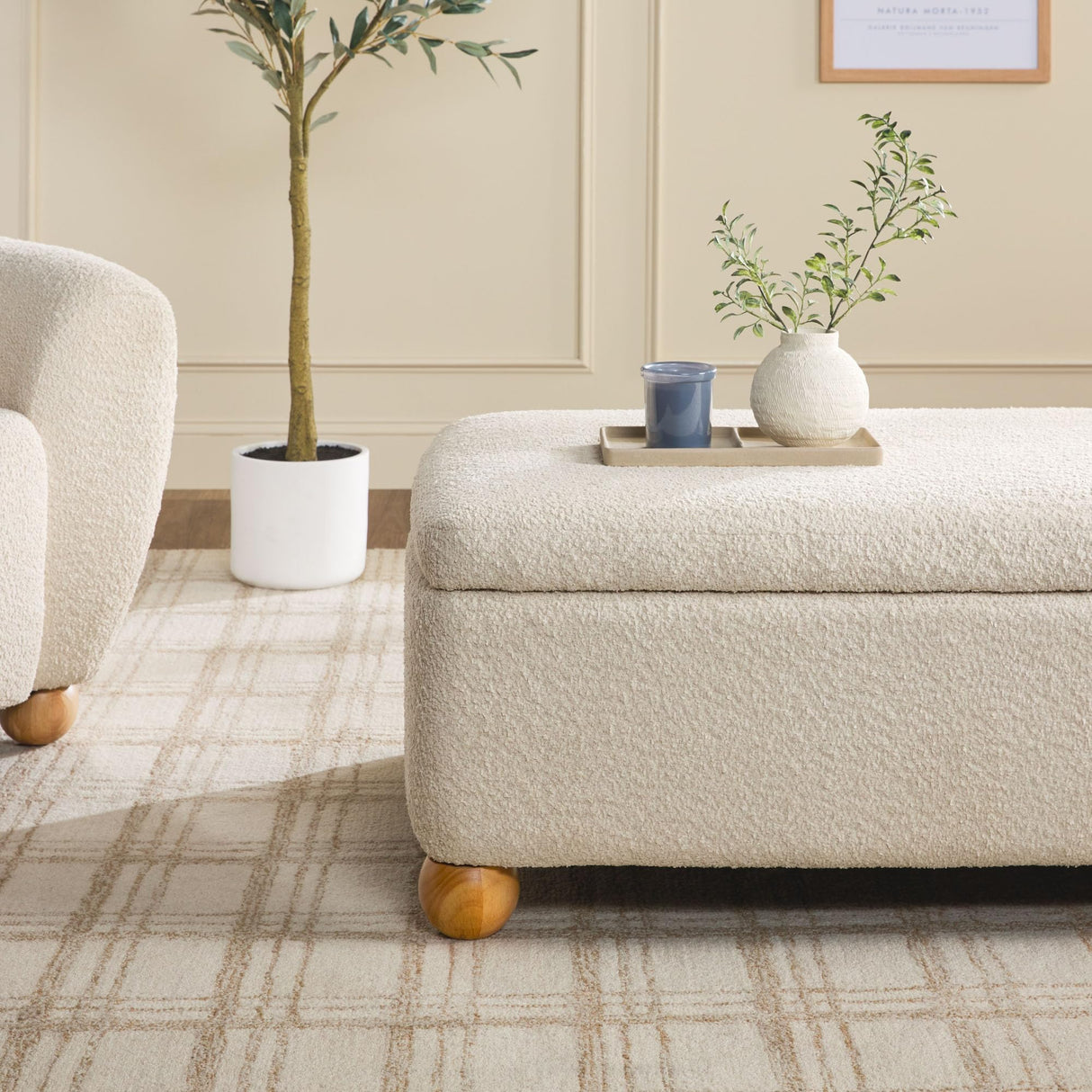 Walker Edison Linley Contemporary Large Storage Bouclé Ottoman with Wood Legs, Ivory Walker Edison