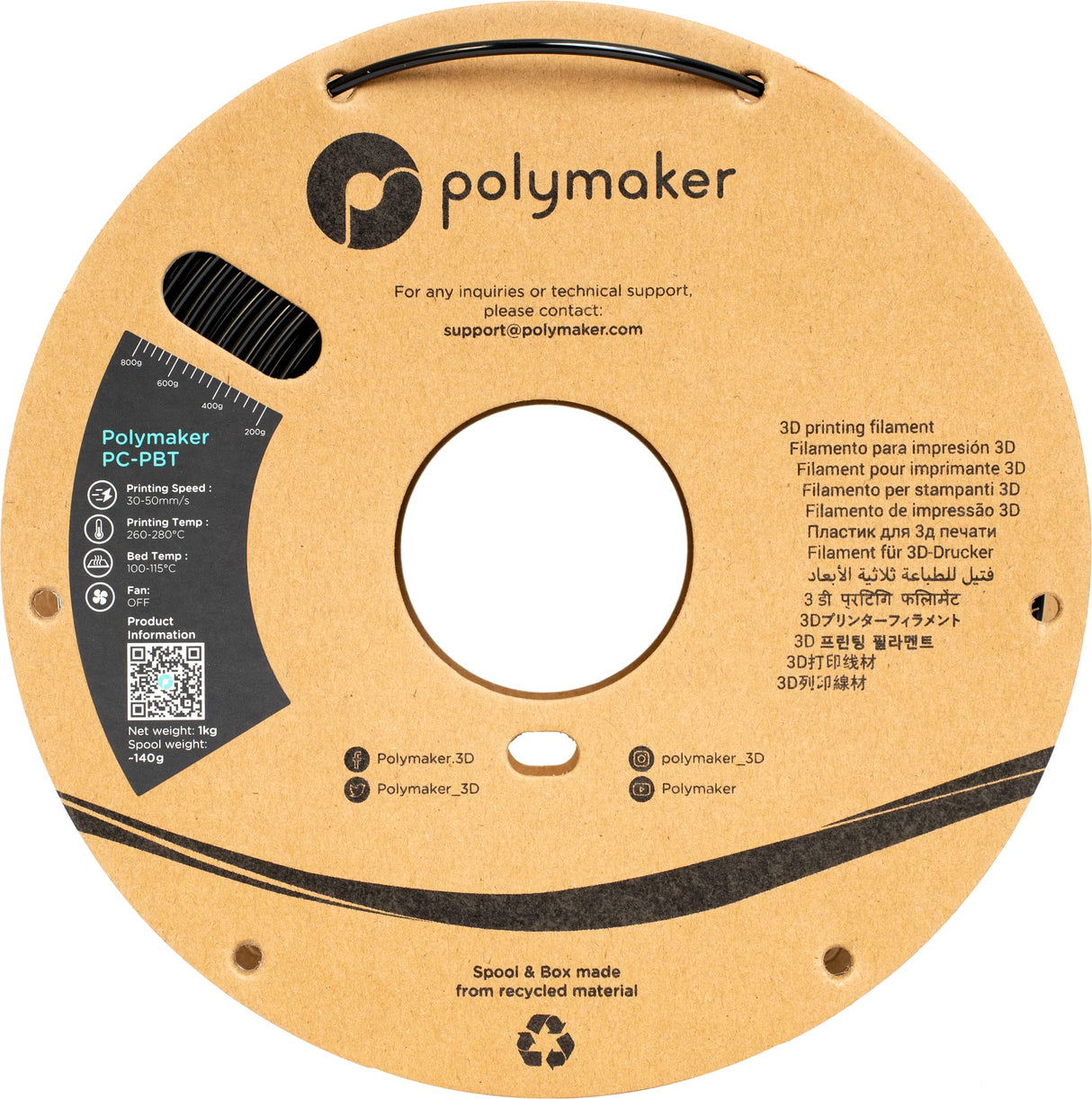 Polymaker PC-PBT Filament 2.85mm, Black Polycarbonate Filament 2.85mm PBT Blend, 1kg Cardboard Spool - Low Temperature Toughness Good Chemical Resistance POLYMAKER