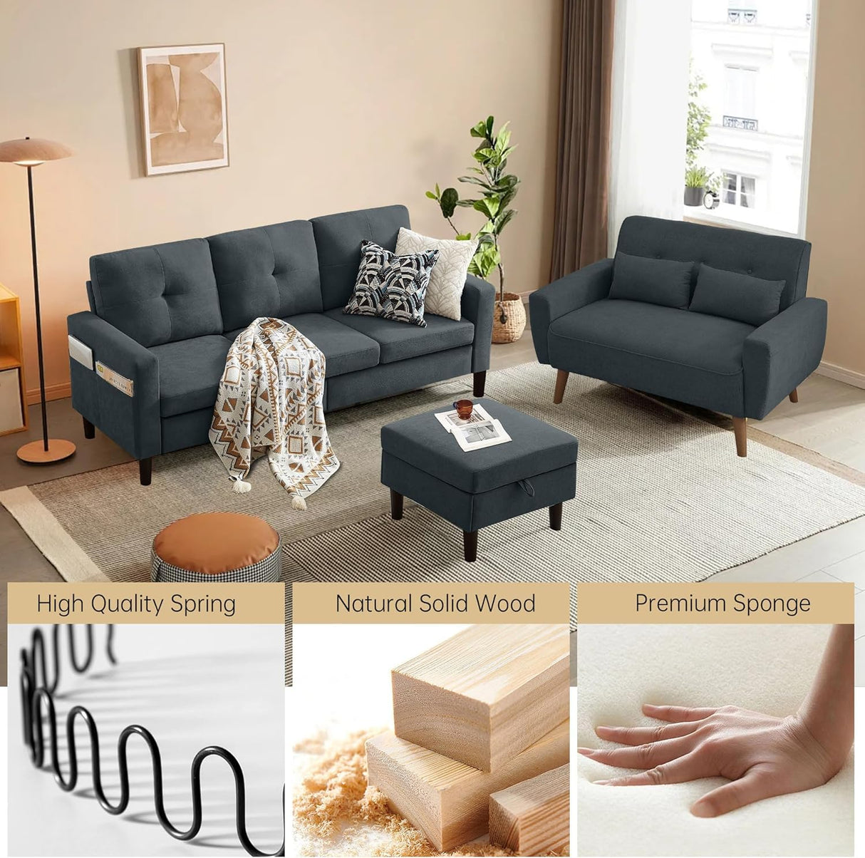 Pingliang Home 2 Piece Comfy Couch Set, 3 Seater & 2-Seater Sofa and Loveseat Set with Ottoman, Modern Sofa Sets for Living Room/Apartment/Office, Dark Grey Pingliang Home