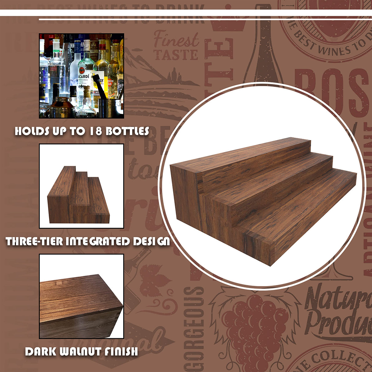 Liquor Bottle Stand - 24 Inch 3 Tier Liquor Bar Bottle Display Shelf, Holds 18 Bottles, Real Wood, No Installation Required (Dark Walnut) Tongmo