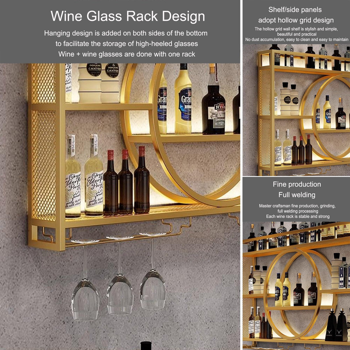 Wine Rack Wall Mounted with Wine Glass Rack Floating Bar Shelves for Liquor Bottles with LED Light Liquor Bottle Display Shelf Wall Bar Cabinet Mini Bar for Home Bar Dining Room Kitchen Living Room(Go WXZXWXZX