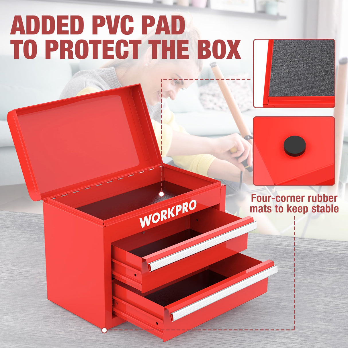 WORKPRO Mini Metal Tool Box with 2 Drawers and Top Storage, Small Tool Chest with PVC Liners and PP Feet Pads, Cold Rolled Steel Toolbox with Magnetic Tab WORKPRO