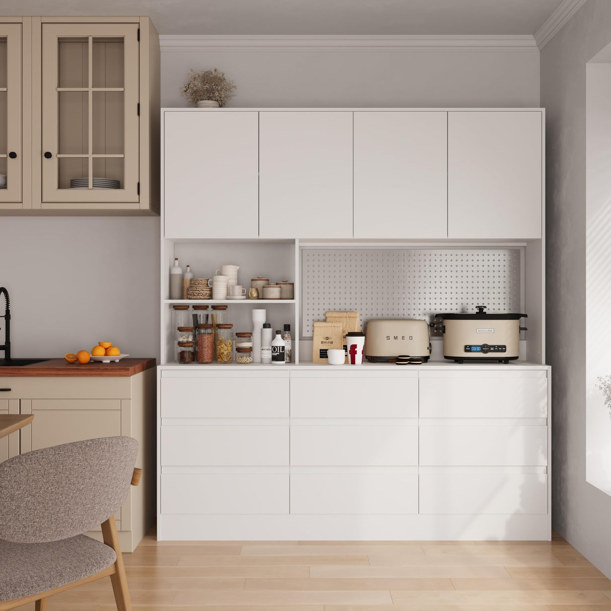 Jiaoun 78x71 LED Kitchen Pantry Cabinets with Microwave Stand,Socket,Large/Tall Kitchen Storage Cabinet with 6 Compartments and 9 Drawers,Duitable for Restaurants,Kitchens Jiaoun