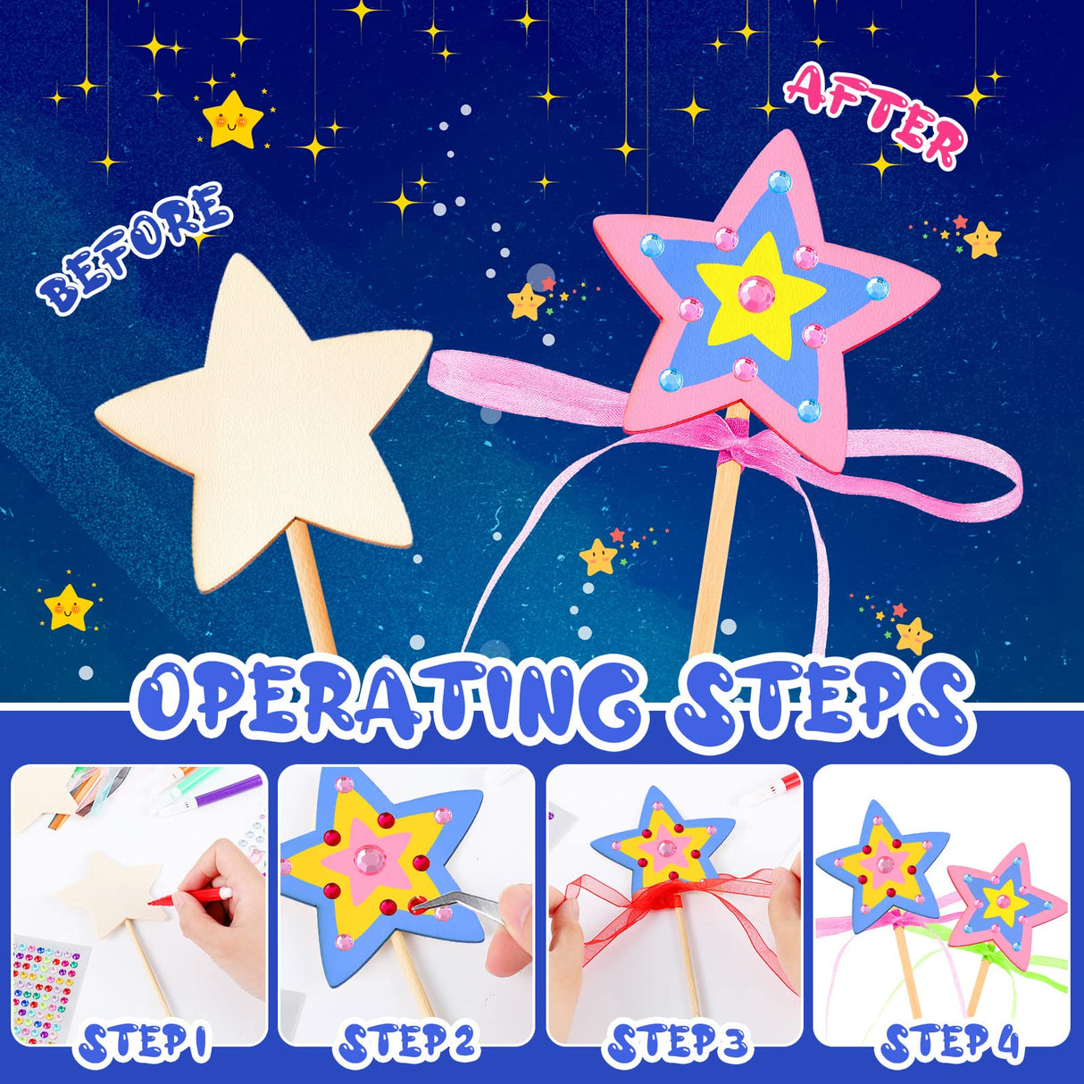 57 Pcs Star Princess Fairy Wands Kit Make Your Own Princess DIY Art Craft Magical Wand Include 18 Star Wooden Fairy 9 Gem Stickers 20 Ribbons 10 Markers Party Supply Chinco
