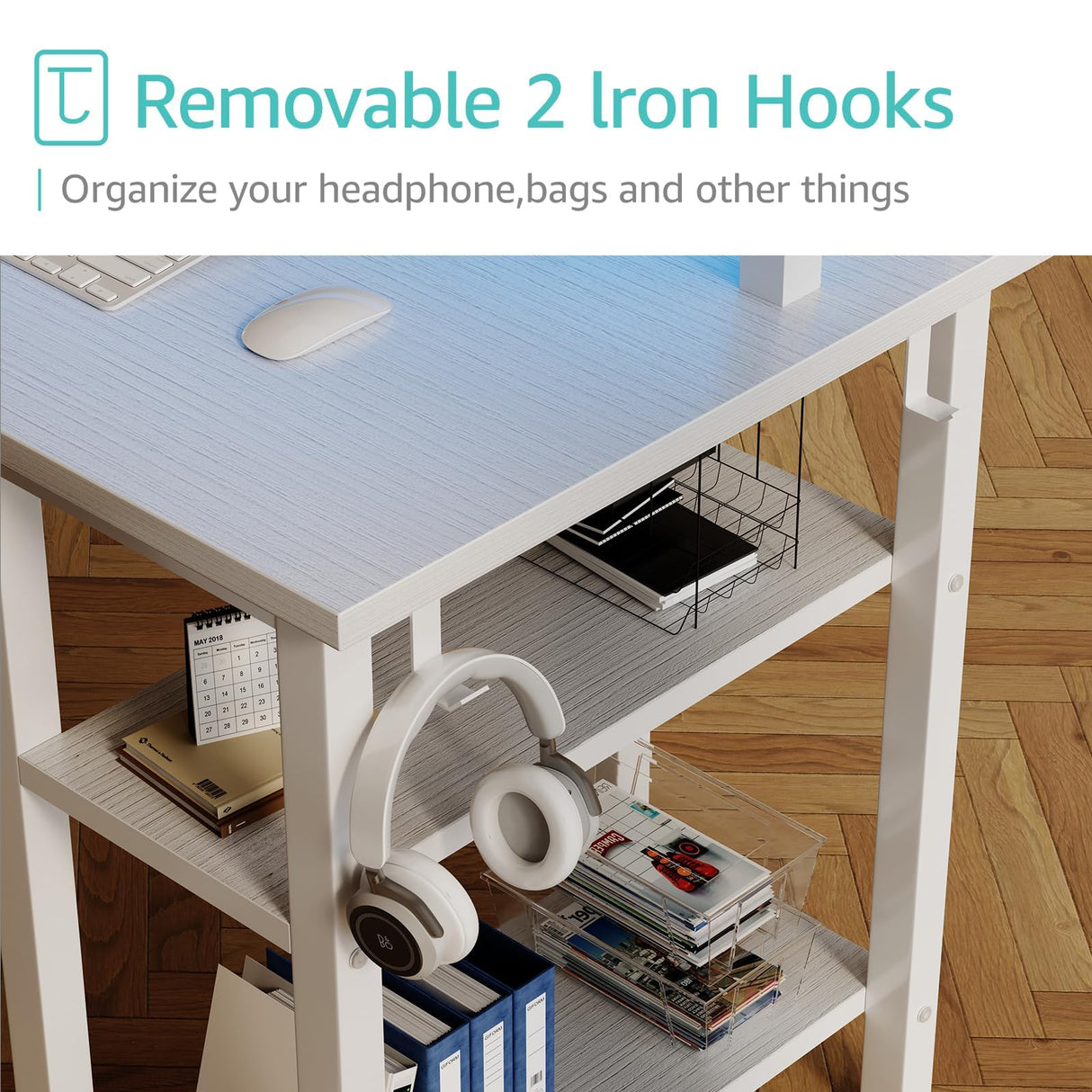 Lufeiya White Gaming Desk with LED Lights and Power Outlets, 47 inch Home Office Desk with Monitor Stand, Computer Gaming Desk with Fabric Drawers and Storage Shelves, White Lufeiya