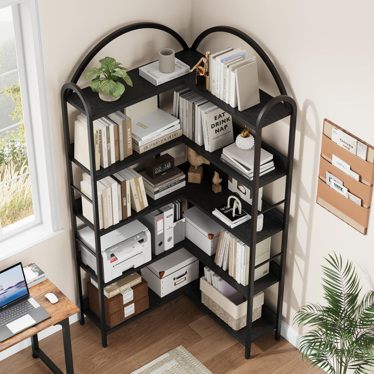 Loumernhant Arched Corner Bookshelf 68.5" Tall, Industrial Wood & Metal Bookcase for Home Office, 5-Tier Storage Shelf for Books/Toys/Decor Loumernhant