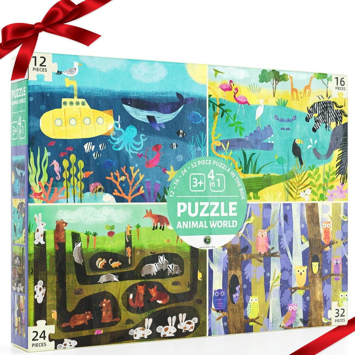 Naturelish Puzzles for Kids Ages 3-5, Set of 4 Pack Puzzles with 12 16 24 32 PCS Range in Difficulty, Animals World Jigsaw Puzzle for Age 4-6, 4 in 1 Progressive Puzzles for Toddler Boys Girls Naturelish