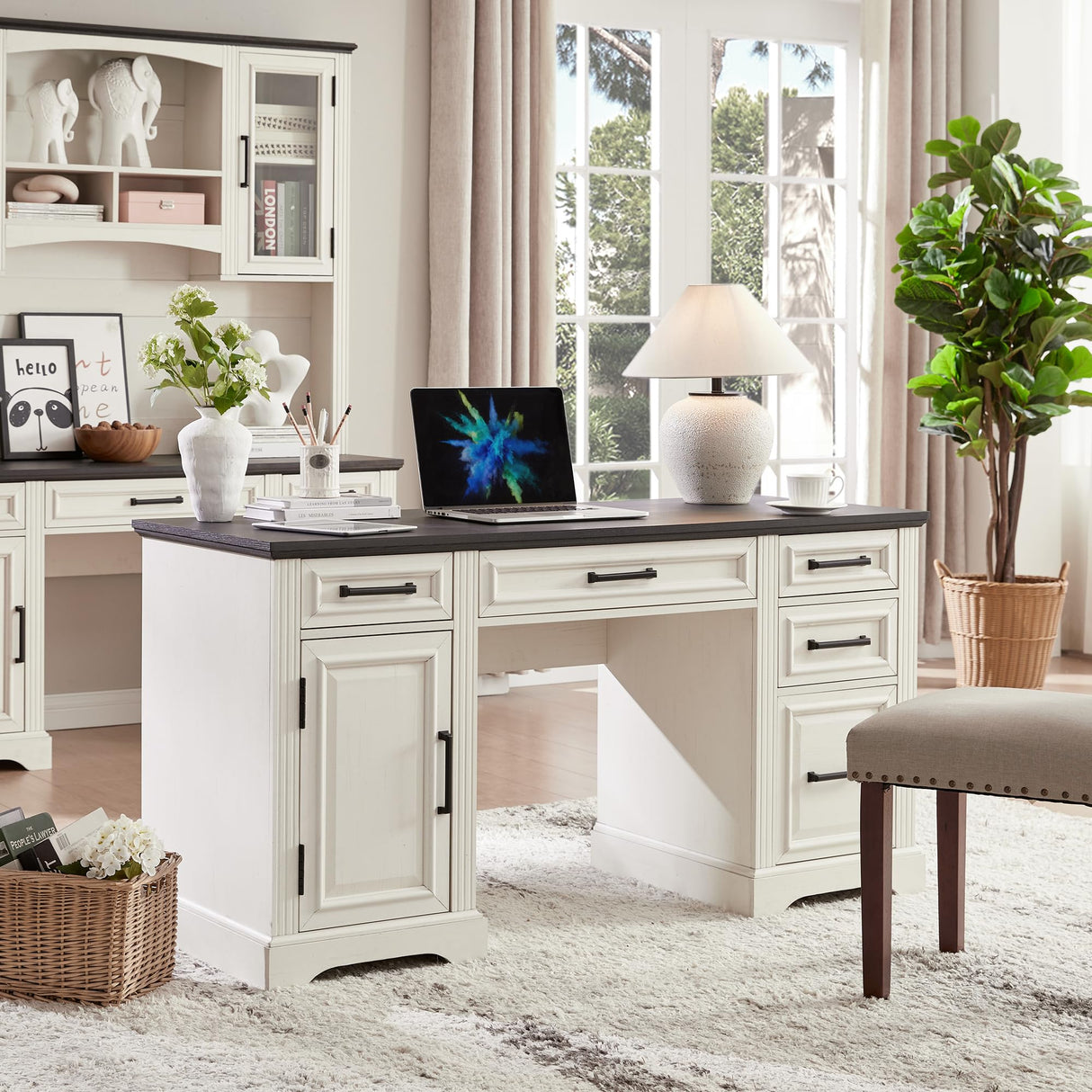 JXQTLINGMU 58" Executive Desk, Farmhouse Computer Desk with Drawers and Cabinet, Embossed Texture Home Office Desk, Workspace for Work Study Writing, White JXQTLINGMU