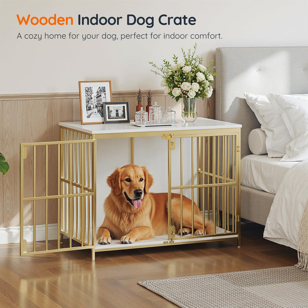 HOOBRO 38.6" Dog Crate Furniture, Wooden Indoor Dog Kennel, Decorative Dog Crate End Table, Chew-Resistant Heavy Duty Dog Crate for Small/Medium Dog, White and Gold DW100GW03 HOOBRO