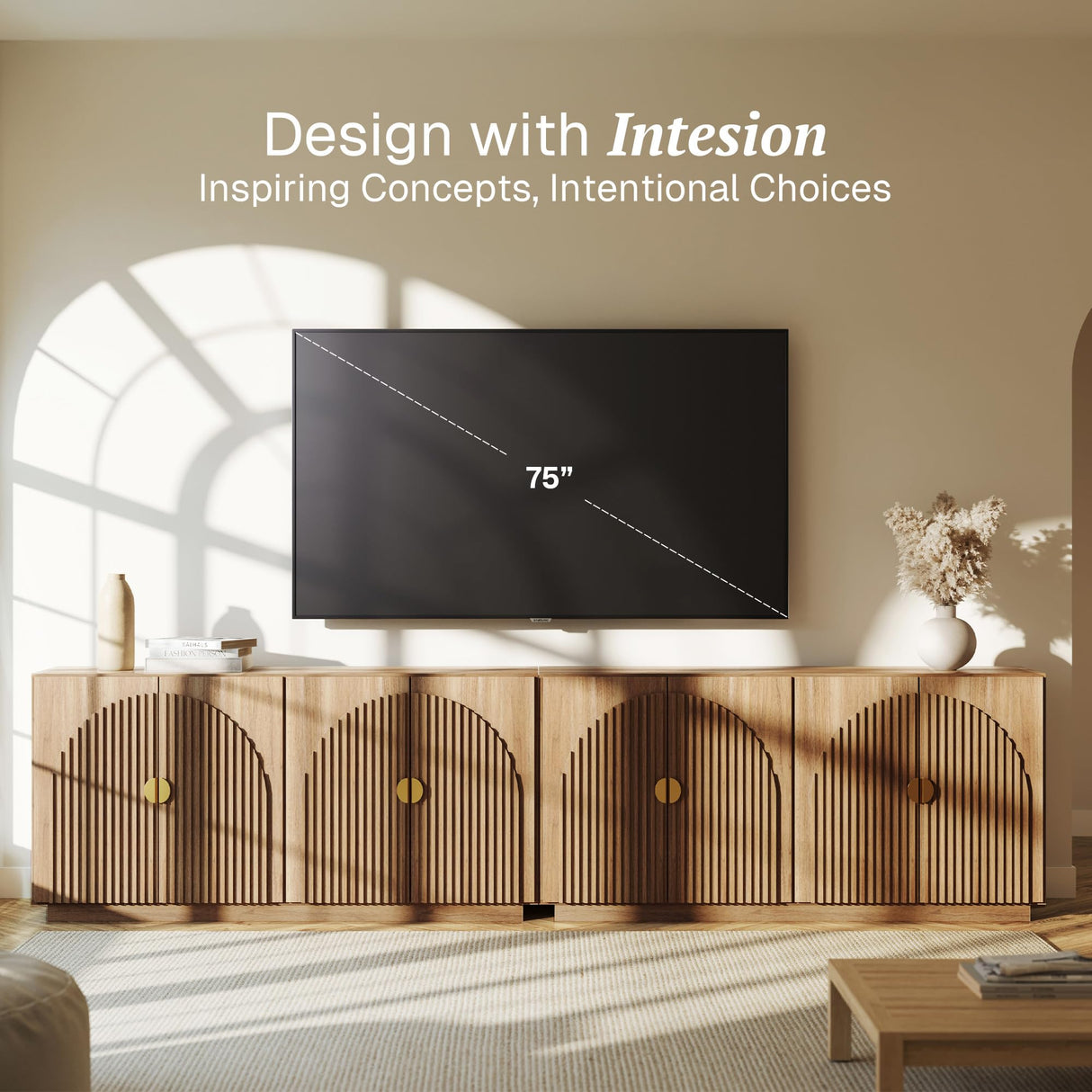 BELLEZE 65 Inch Fluted Buffet Cabinet with Storage, Symmetrical Arc Accent Sideboard Large Console Table for Dining Room, Kitchen, and Living Room (Caramel Brown) BELLEZE