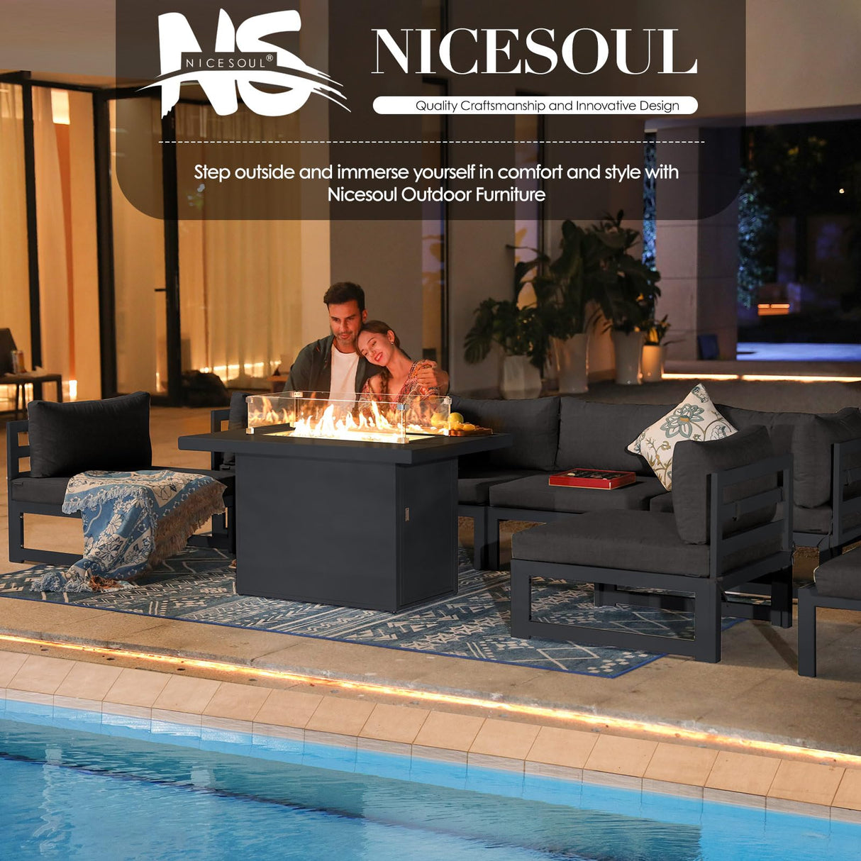 NICESOUL 7 Piece Modern Aluminum Outdoor Furniture Set with Fire Pit Propane/Gas, 29 inch Deep Wide Seat, All Weather Patio Conversation Set, L Shaped Modular Sectional Sofa for Backyard, Dark Gray NICESOUL