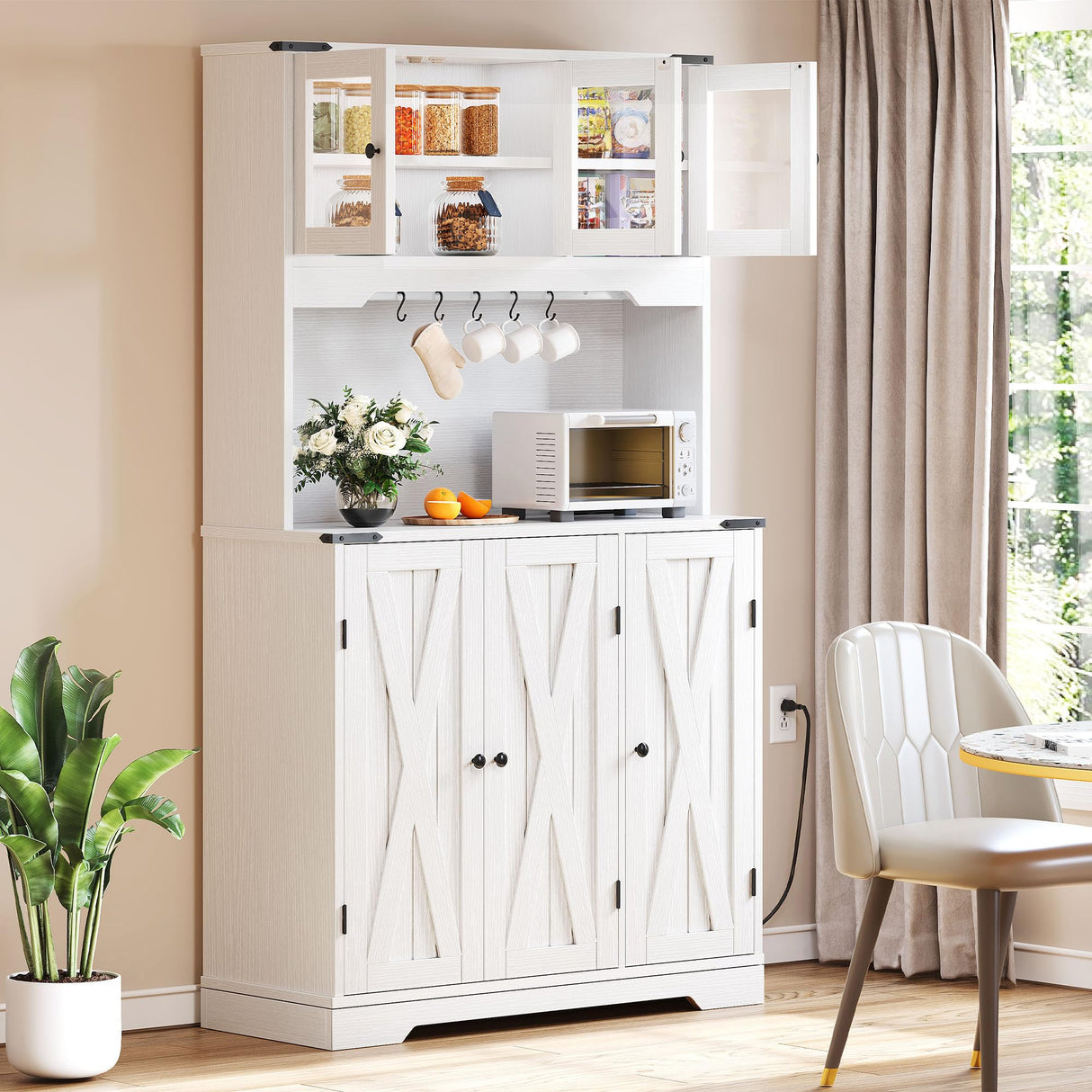 DWVO 71" Tall Kitchen Pantry Cabinet with Charging Station, Kitchen Hutch Storage Cabinet with Drawers, Farmhouse Freestanding Cabinets for Dining Room, White Rustic Oak DWVO