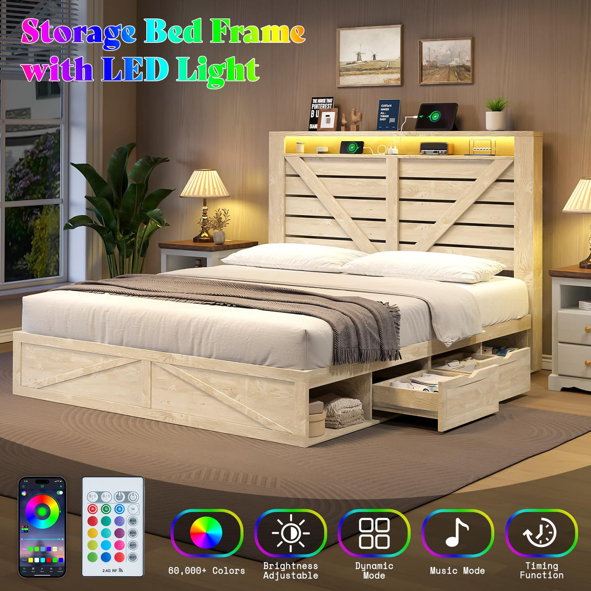 AMERLIFE Farmhouse Bed Frame with 4 Drawers & 4 Open Storage Space, Queen Size Storage Bed with LED Light & Charging Station, Wooden Slats, Noise Free, Rustic White AMERLIFE