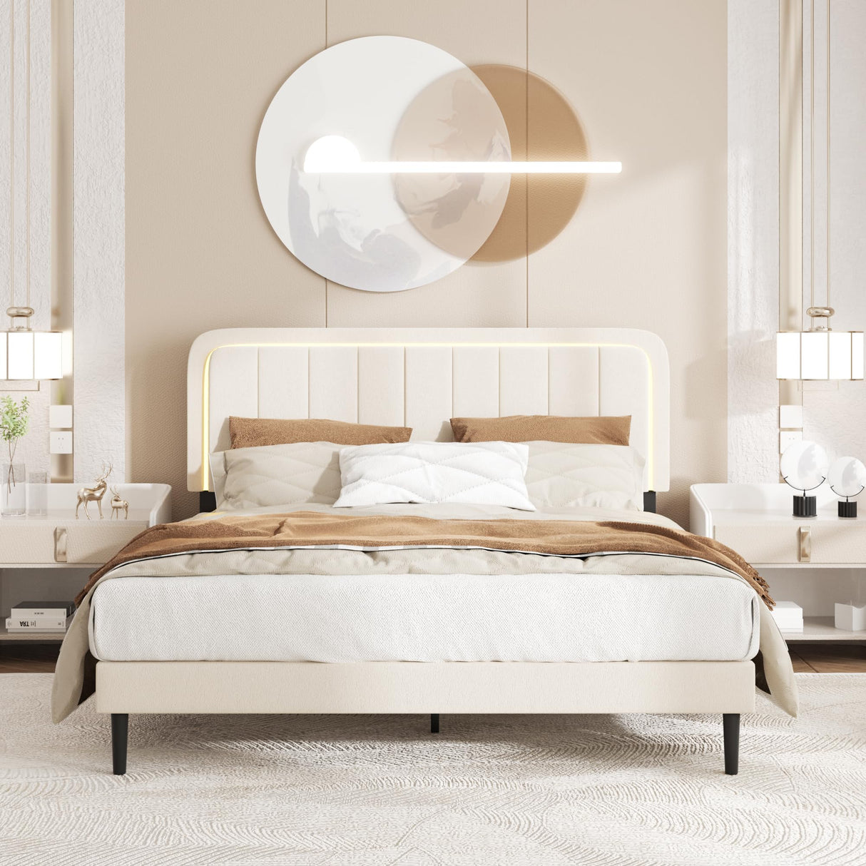 CXVX Adjustable Velvet Platform Full Size Bed with LED Lights, Charging Station & Wooden Slats, Upholstered Bed Frame with Headboard, Noise-Free Mattress Foundation, No Box Spring Required CXVX