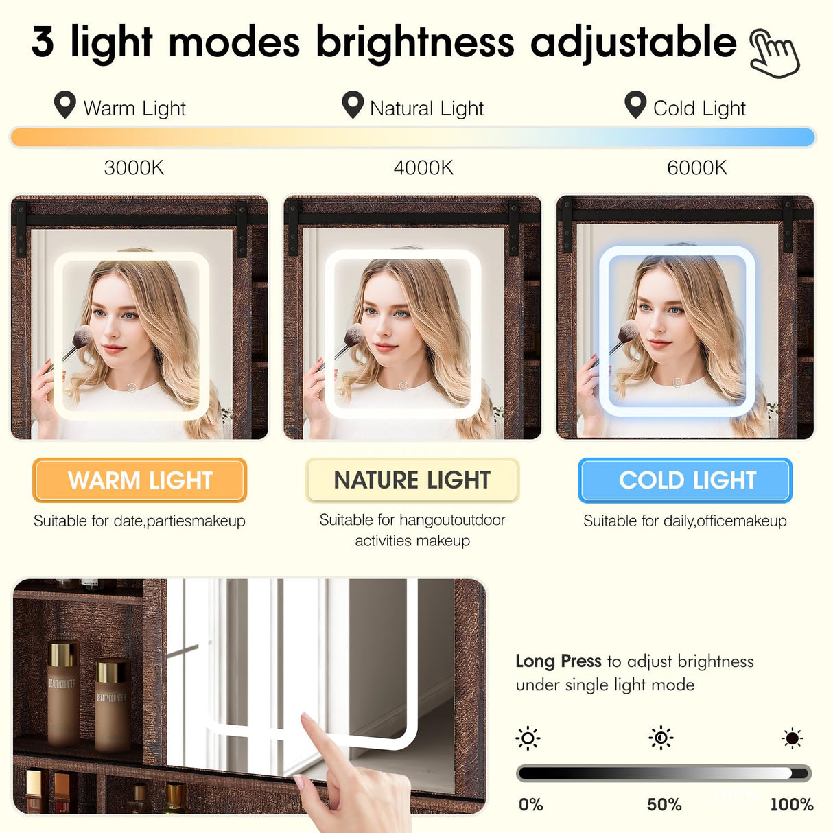 Fameill 45.5'' Farmhouse Makeup Vanity Desk with Sliding Mirror, Vanity Table with 3 Drawers and 2 Cabinets, Charging Station & LED Lights, Storage Shelves, Stool Included, Dressing Table for Bedroom Fameill