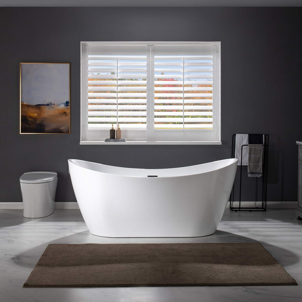 WOODBRIDGE 67" Acrylic Freestanding Bathtub Contemporary Soaking White Tub with Matte Black Overflow and Drain,B0010-MB WOODBRIDGE
