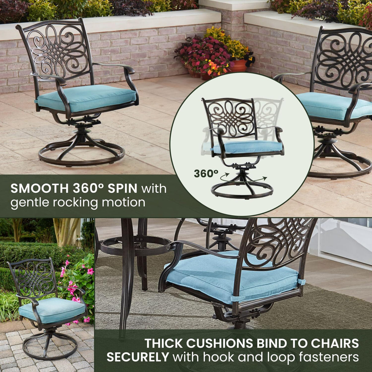 Hanover Traditions 7-Piece Patio Dining Set with 60" Round Cast-Top Table and Swivel Rockers with Blue Cushions, Patio Dining Set for 6, Premium Weather Resistant Outdoor Dining Set Hanover