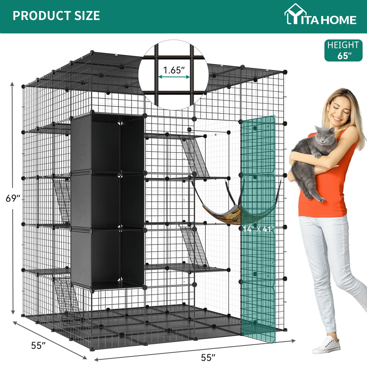 YITAHOME Cat Cage Indoor Large with Storage Cube DIY Outdoor Catio Cat Enclosures Metal Cat Playpen with Hammock Platforms for 1-4 Cats 5 Tiers Cat Kennel YITAHOME