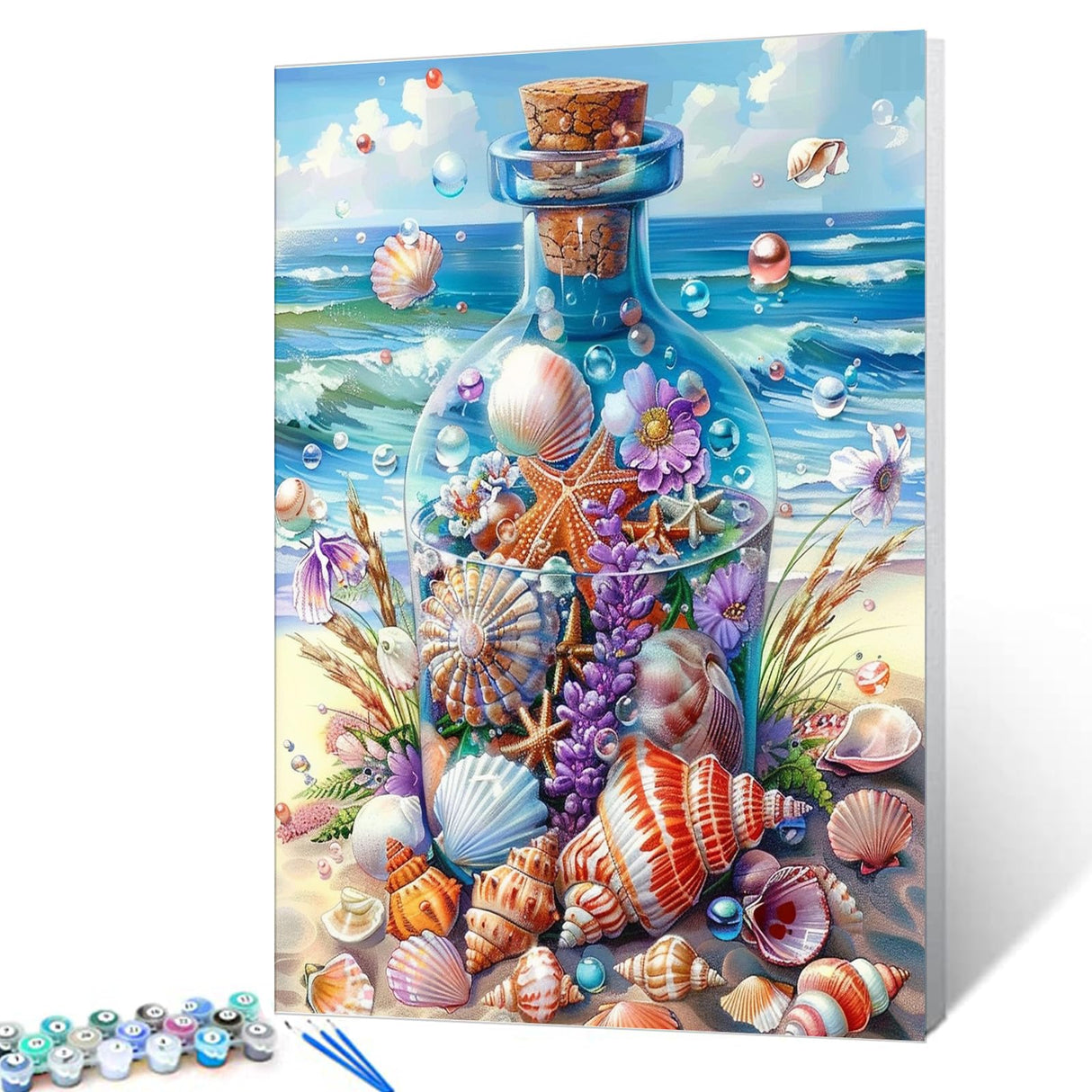 Tucocoo Seaside Bottle Shells Scene Paint by Numbers Kits 16x20 inch Canvas DIY Oil Painting for Adults Beginner with Brushes and Acrylic Pigment - Beach Sea Waves Scenery Seashells(Without Frame) Tucocoo