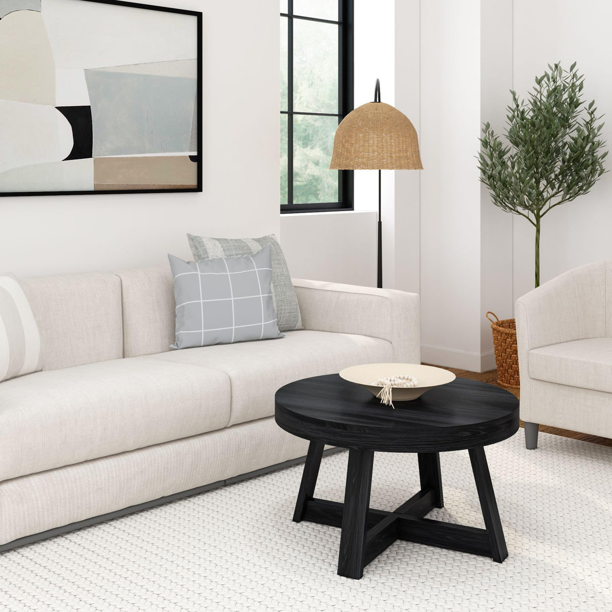 Plank+Beam Classic Round Coffee Table, 30 Inch Farmhouse Coffee Table, Mini Center Tables for Small Spaces, Small Living Space Tea Table, Black Wirebrush Plank+Beam