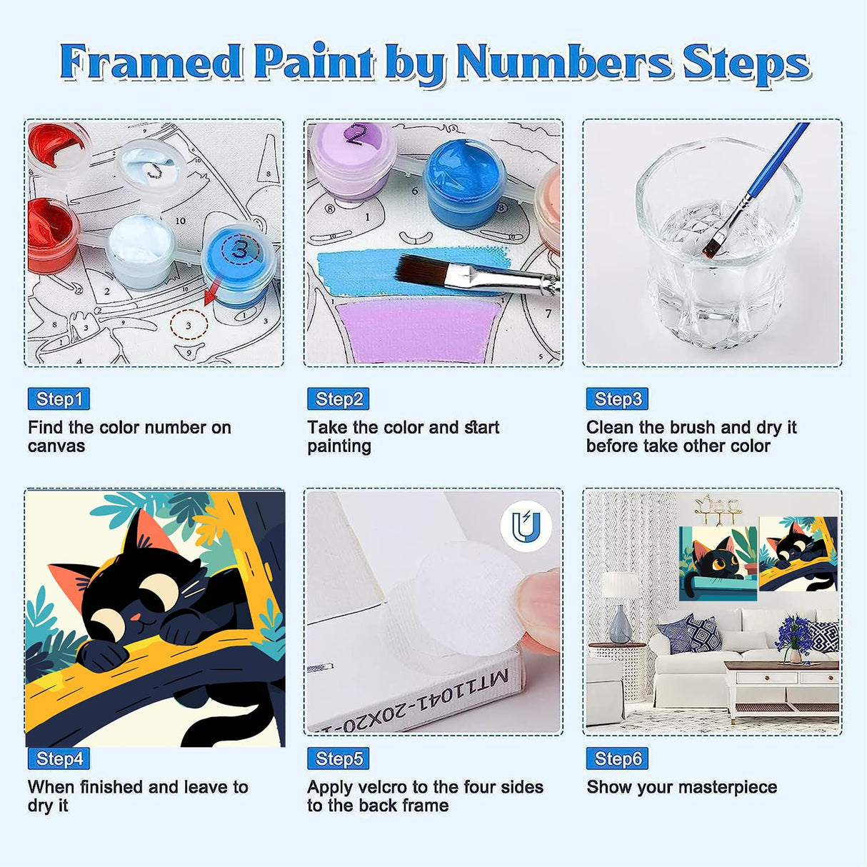 KYOQFVN Paint by Numbers Kit for Adults Framed - Black Cat Paint by Numbers for Adults with Frame, DIY Acrylic Easy Painting by Numbers for Home Wall Decor 8x8inch KYOQFVN