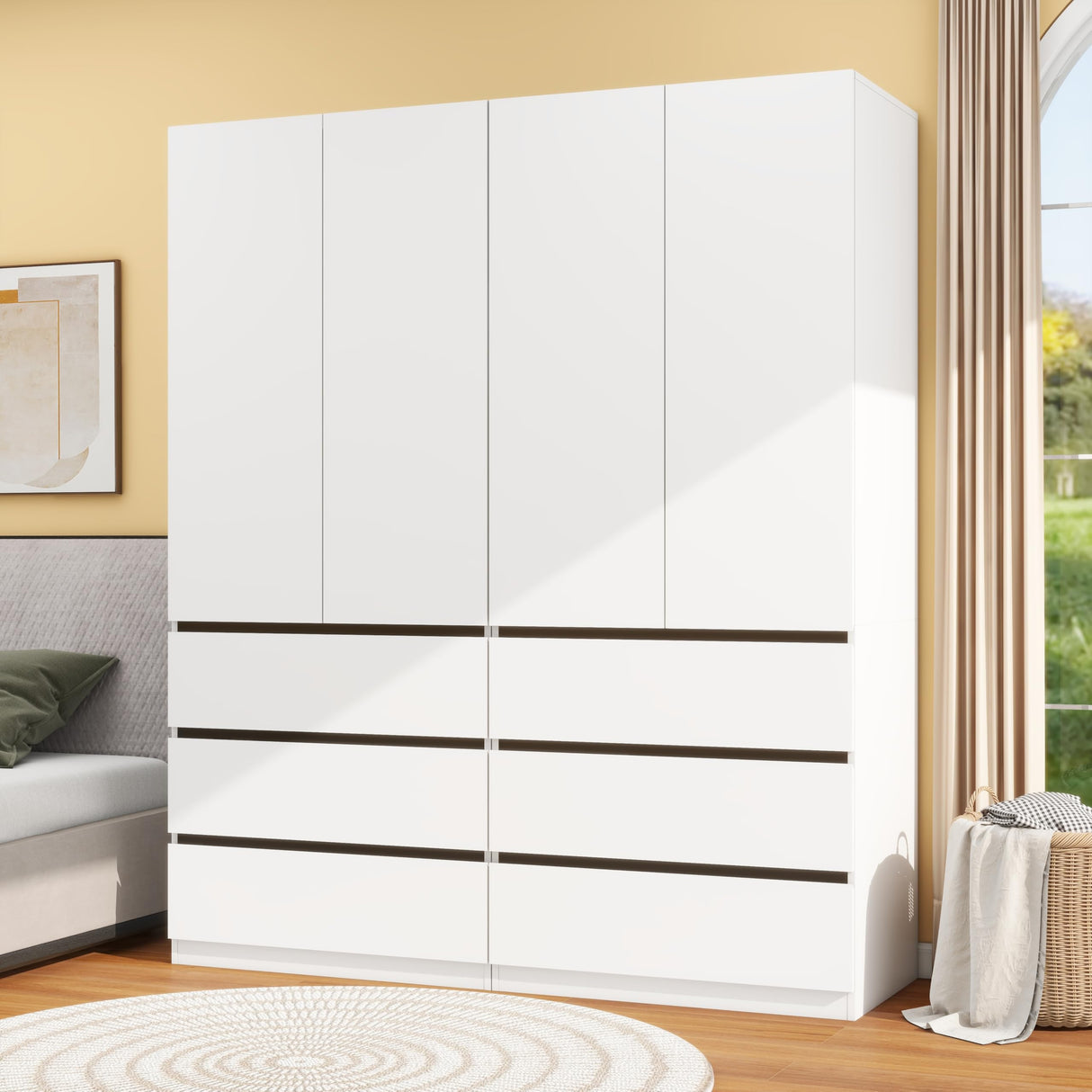 LABROSKIA Bedroom Armoire Wardrobe Closet with 6 Drawers: White Wardrobe Closet with 4 Doors, Modern Cabinet for Clothes with Shelves, Wooden Armoire for Hanging Clothes (Modern, 2) LABROSKIA