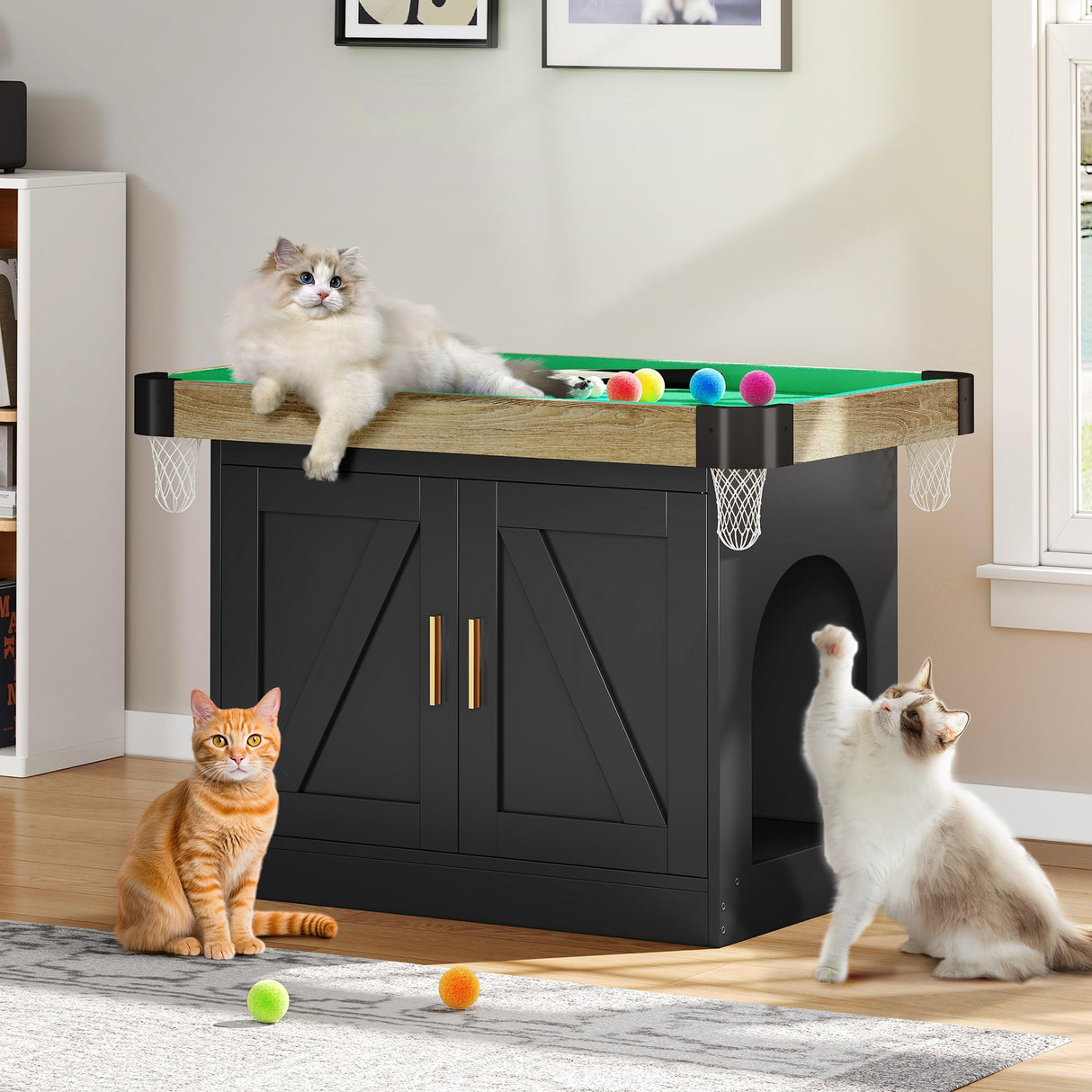 Homiflex Cat Litter Box Enclosure, Wooden Litter Box Furniture with Game Area, Cat Washroom with Barn Door, Indoor Pet House, Fit Most of Litter Box, Black Homiflex