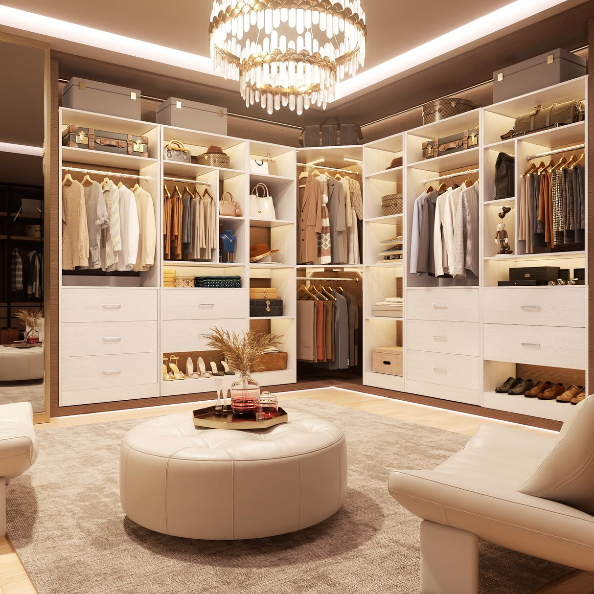 Besiost Corner Closet System with 12 Shelves, 39.2" Corner Closet Organizer System with 2 Hanging Rods, Versatile 6-Tier Walk-in Closets for Corner Space, White (39.2" L x 39.2" W x 80" H) Besiost