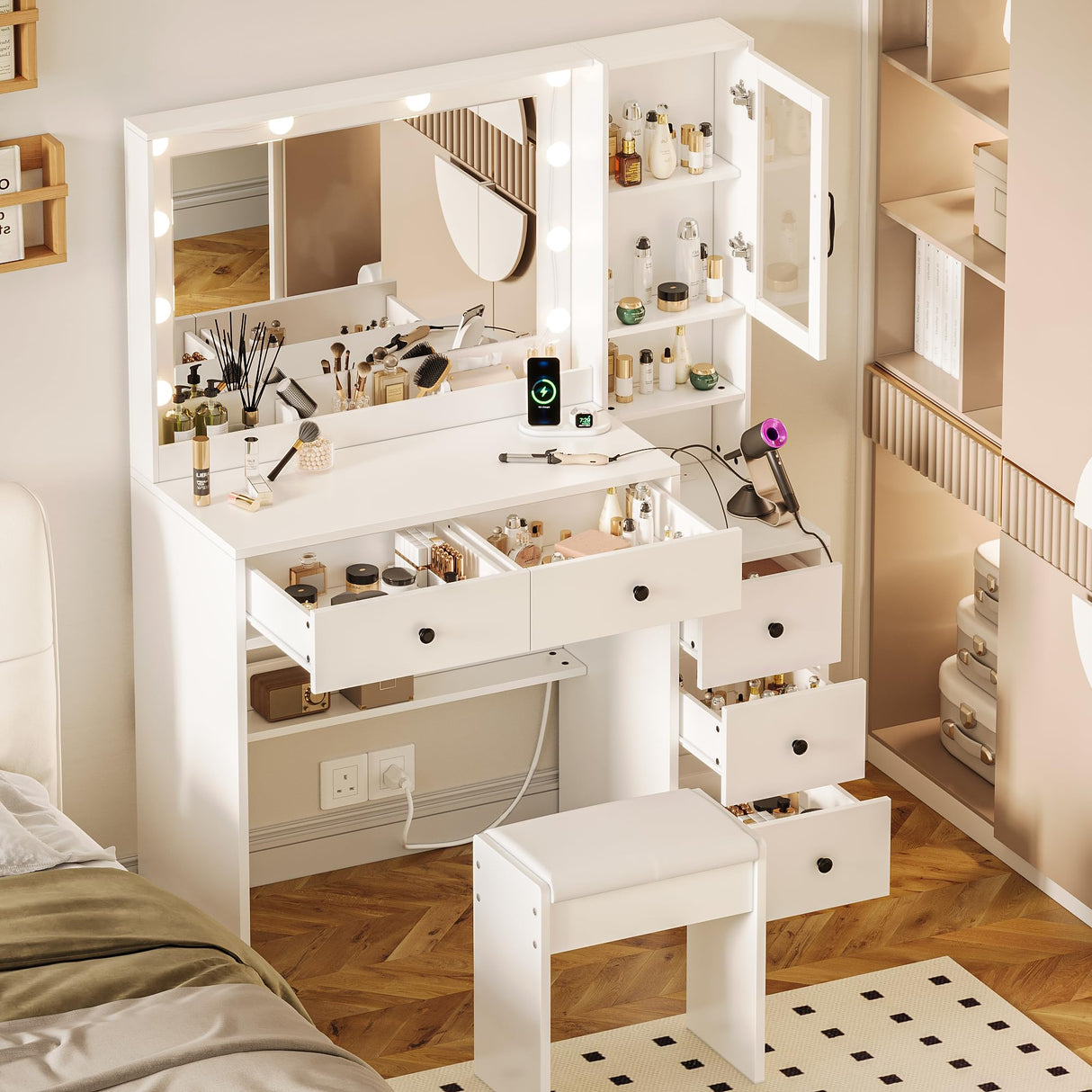 Makeup Vanity with Lights & Charging Station, White Vanity Table with 5 Drawers & Open Storage Shelves, Vanity Desk with Mirror & Lights, Dressing Table Set, Bedroom Makeup Table Set Black Handle TOKSOM